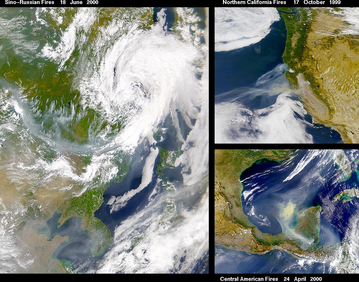 Images of smoke from forest fires in China, Russia, Central
 America, and California