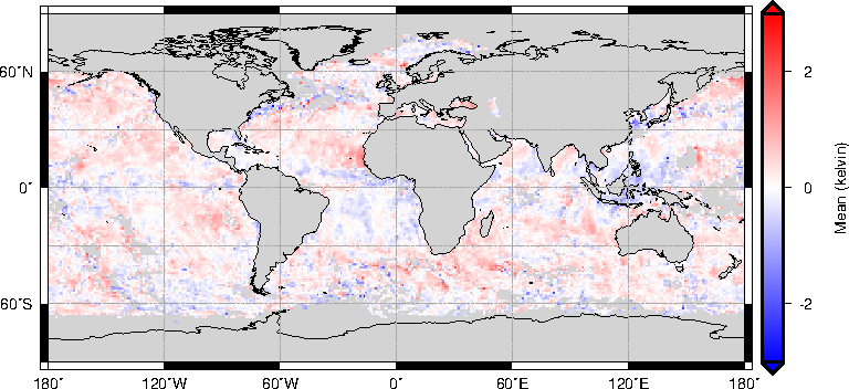 Collocated VIIRS sst - AMSR-2 skin SST for 2014-03-01 to 2014-03-04 after applying aerosol correction