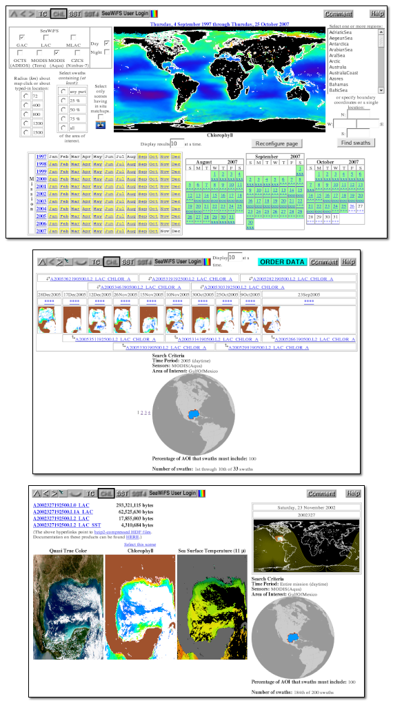 screen shot of ocean color level-1 and -2 browser